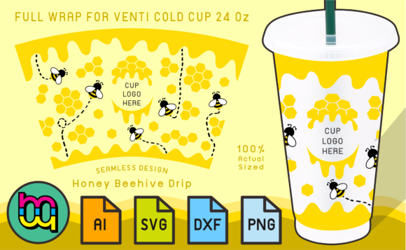 24oz Venti Cold Cup Honey Beehive Wrap
